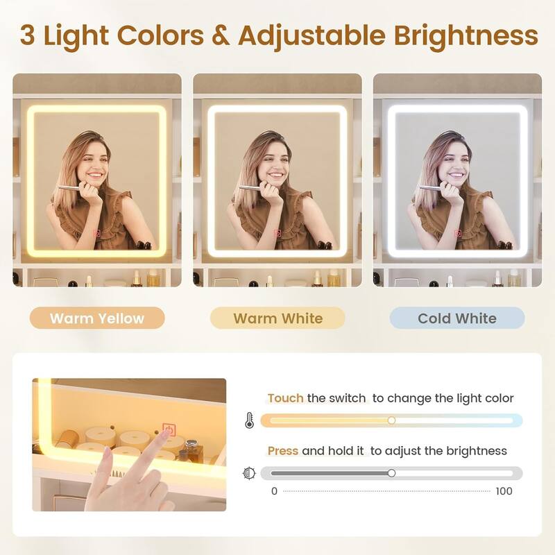 Makeup Vanity with Stool Charging Station Jewelry Storage RGB Lights 5 Drawers Shelves