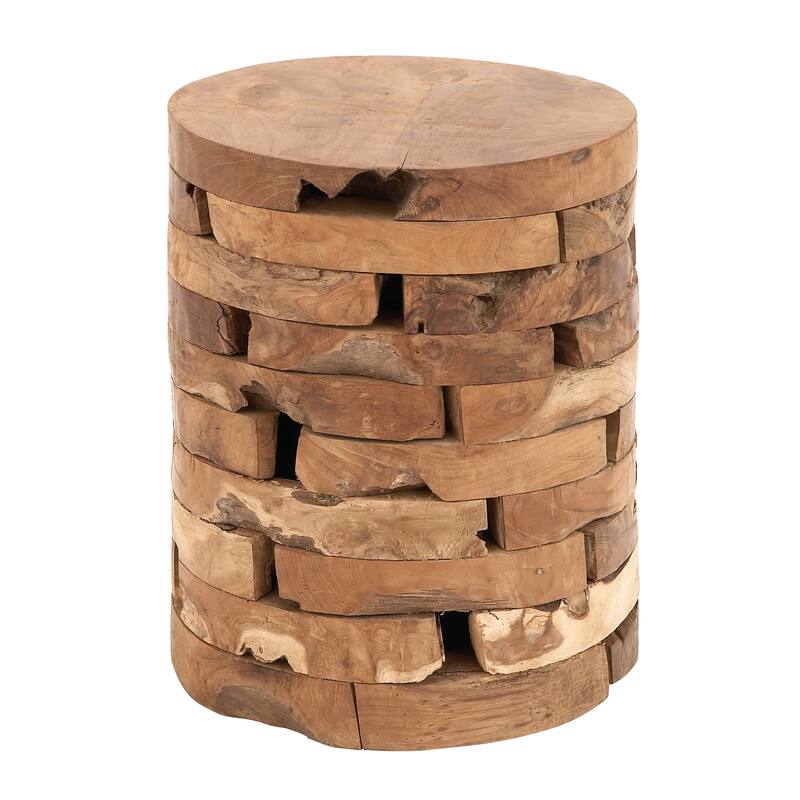 Teak Wood Drum Handmade Live Edge Accent Table with Brick Inspired Design - Brown or Light Brown - Roche River Decor - Light Brown