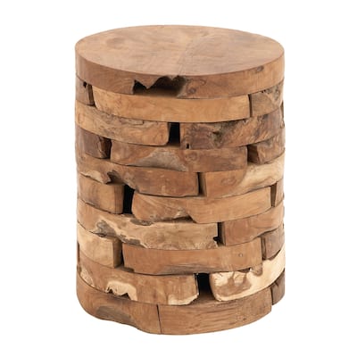 Teak Wood Drum Handmade Live Edge Accent Table with Brick Inspired Design - Brown or Light Brown - Roche River Decor