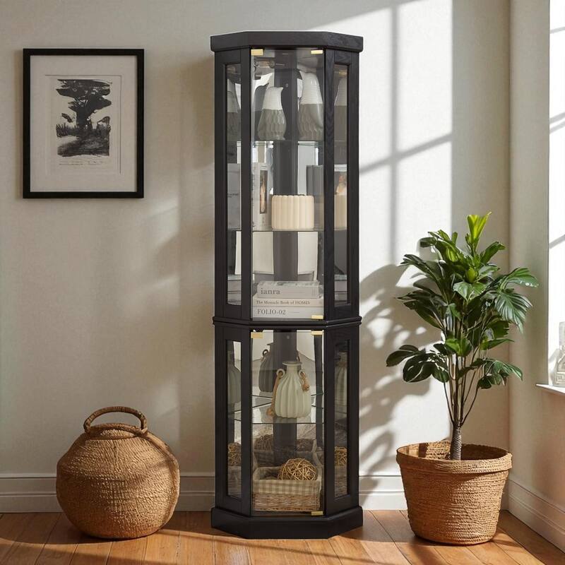 Lighted Corner Curio Cabinet with Glass Doors, Adjustable Shelves & Mirrored Back, Elegant Display Case for Collectibles - Black