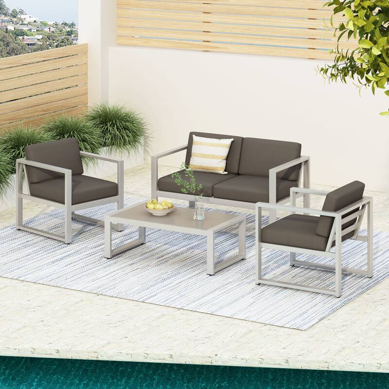 4 Piece Outdoor Sectional Sofa Set, Patio Aluminium Conversation Furniture Sets with Coffee Table and Cushions