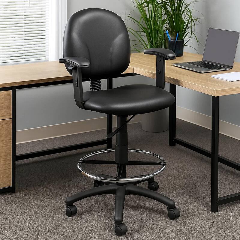 Zem Drafting Stool with Adjustable Arms & Chrome Footring, Black Vinyl