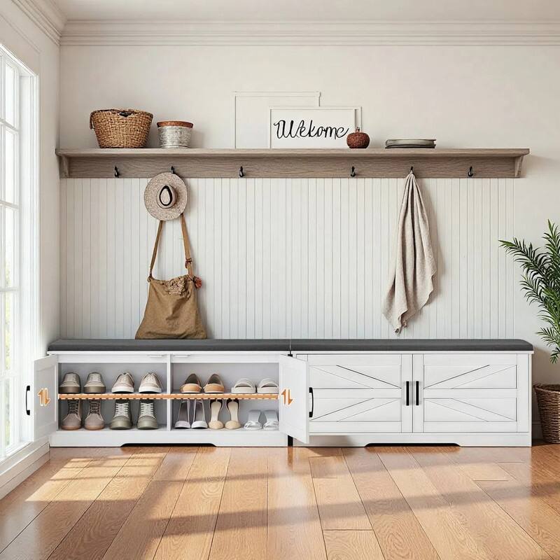 Farmhouse Shoe Storage Bench, 2 Tier Shoe Bench with Padded Seat Cushion & 2 Barn Doors& 2 Adjustable Shelves