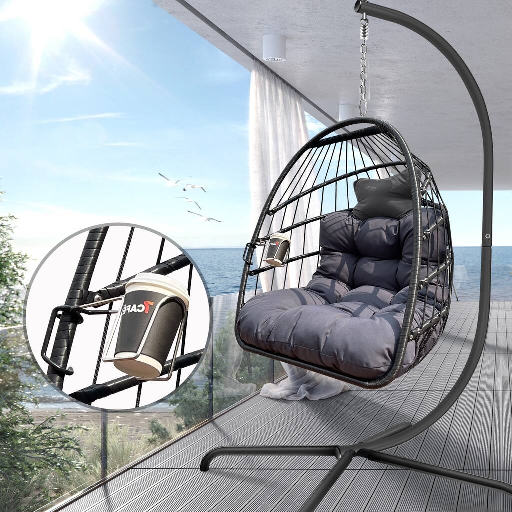 Swing Egg Chair with Stand Indoor Outdoor Wicker Rattan Patio Basket Hanging Chair