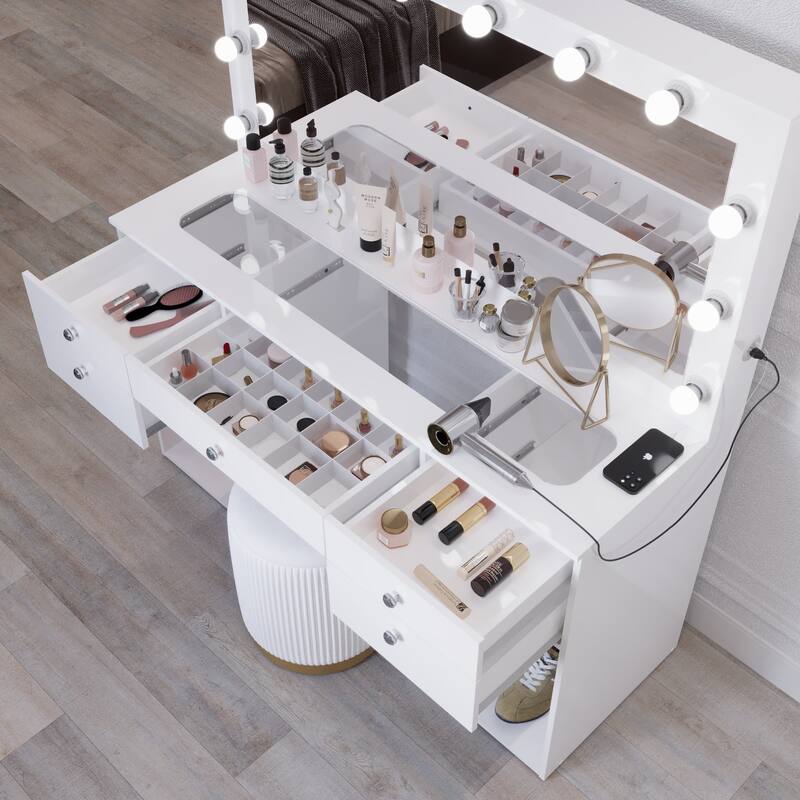 Hollywood Large Makeup Vanity Desk with 12 Light Bulbs; Modern Dressing Table with Multiple Storage Drawers & Crystal Knobs