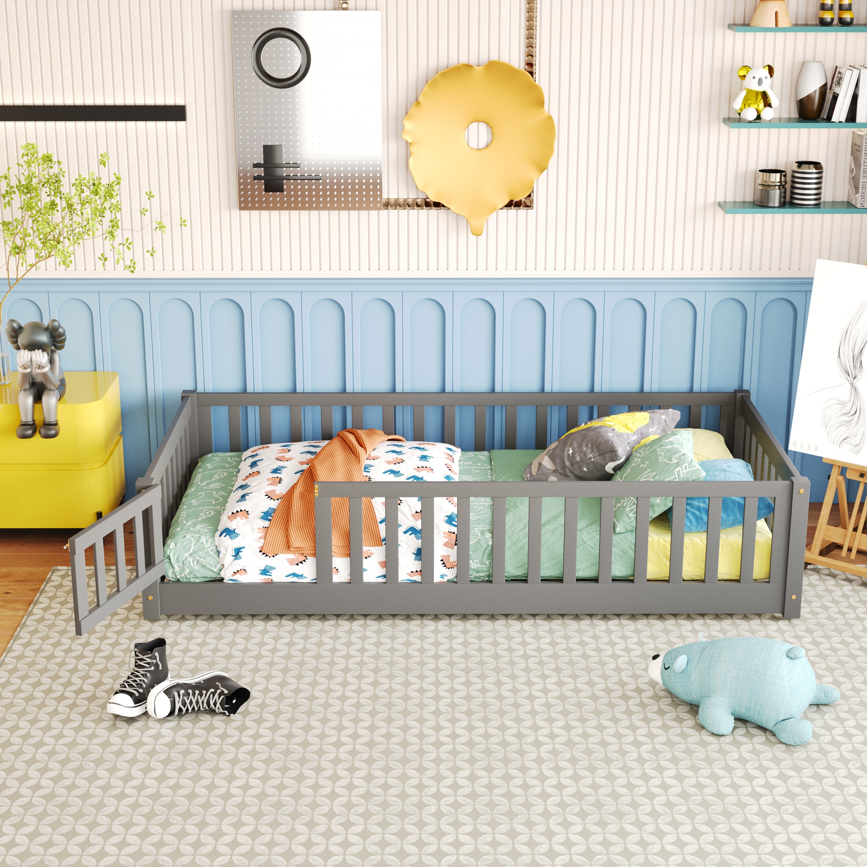 Floor Platform Bed with Fence Guardrails and Door