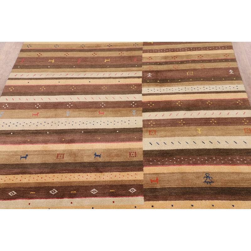 Striped Gabbeh Oriental Area Rug Hand-Knotted Brown Wool Carpet - 6'9" x 9'11"