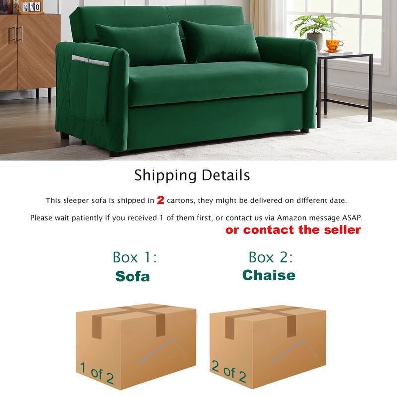 59.5" Modern Convertible Sofa Bed with 2 Detachable Arm Pockets, Velvet Loveseat Sofa with Pull Out Bed