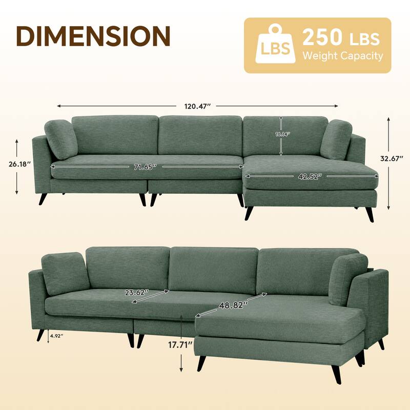 120" 3 Seater Chenille Upholstered Modular Sectional Sofa With Chaise Lounge