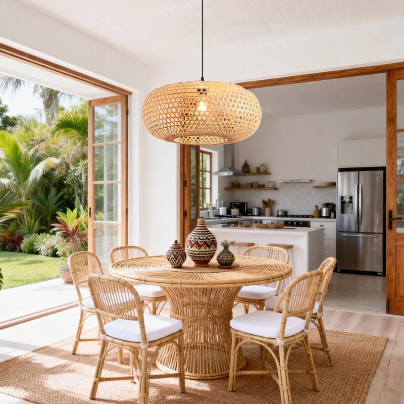 22" Bohemian Natural Bamboo Handmade Round Chandelier 1-Light Pendant Light