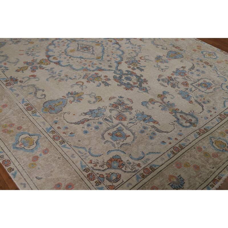 Tabriz Persian Area Rug Beige Floral Handmade Wool Carpet - 7'10"x 11'1"