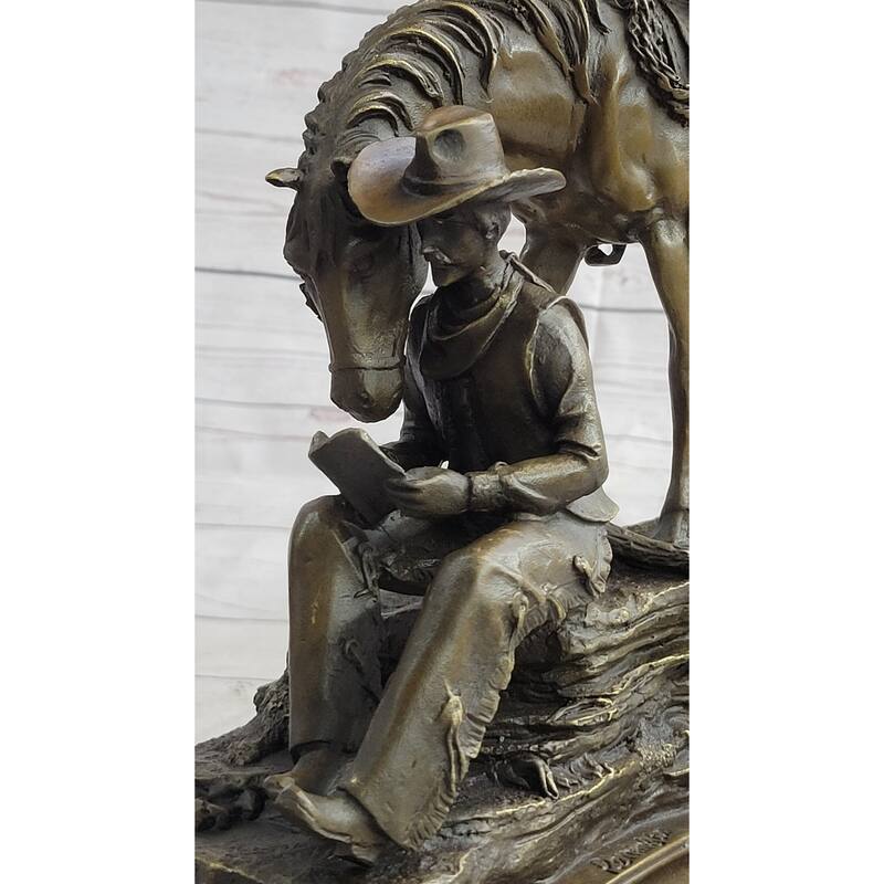Cowboy Reading A Book With Horse Bronze Metal Western Sculpture Statue Remington Decor 11 Inches X 13 Inches