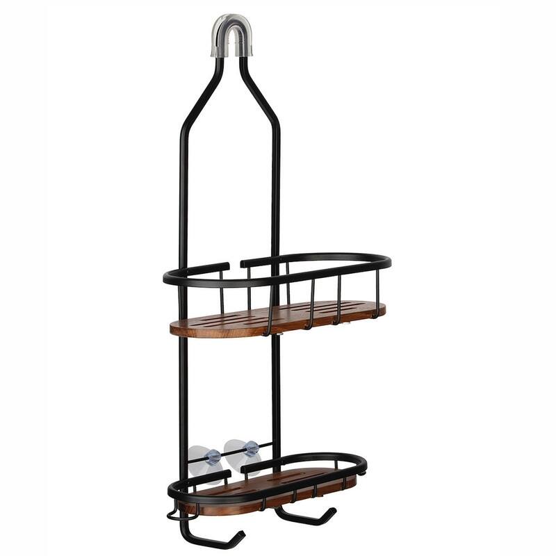 Utopia Alley Rustproof Teak Overhead Shower Caddy Organizer with 2 Shelves - Includes Shower liner and shower hooks, Black