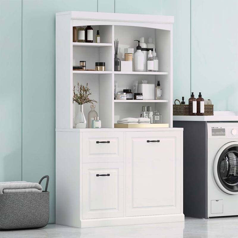 Multi-Functional Bathroom Storage Cabinet with Tilt-Out Hamper,with Drawers & Adjustable Shelves