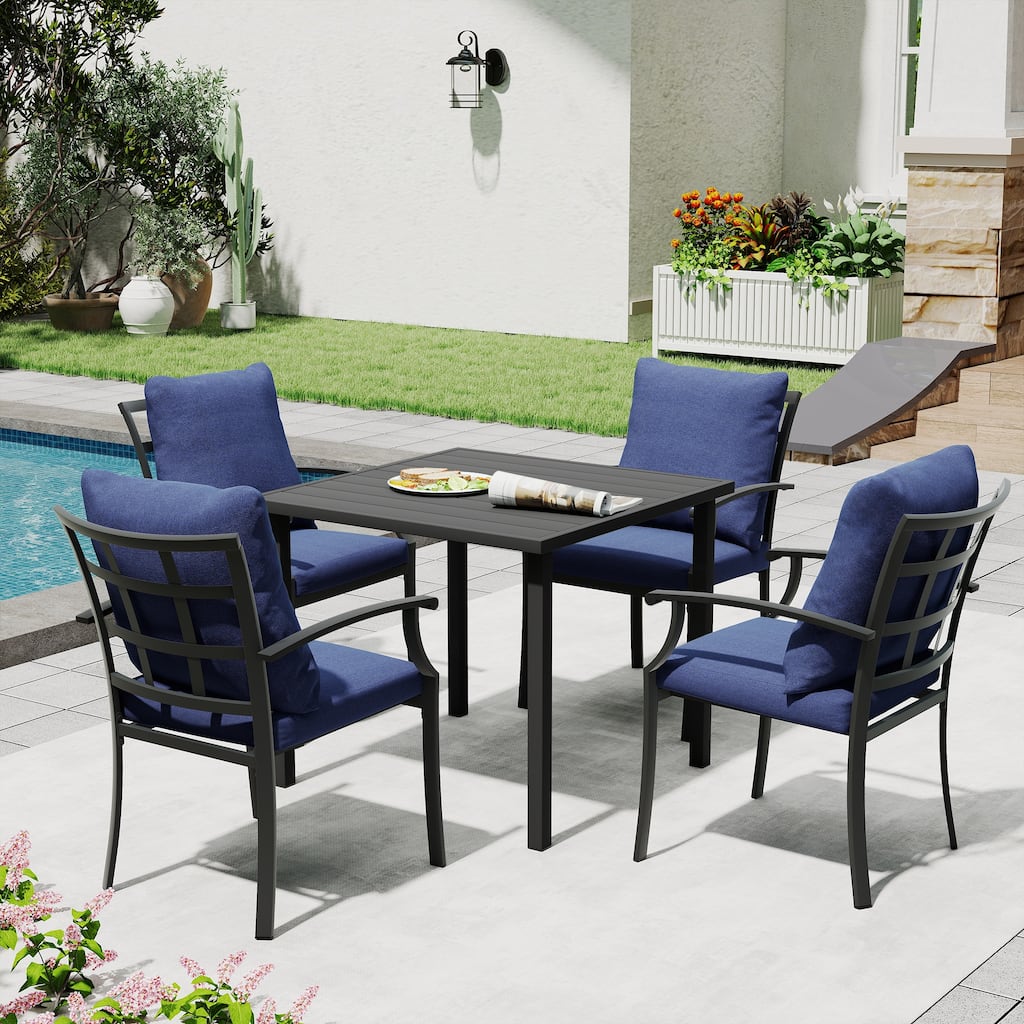 IvyGlow 5-Piece Black Metal Patio Dining Set with Square Table and Gray Cushions