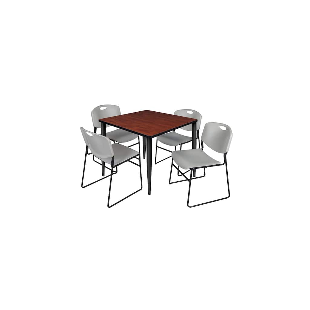 42 in. Square Breakroom Table- Cherry Top, Black Base & 4 Stack Chairs- Grey - Grey, Black, Cherry