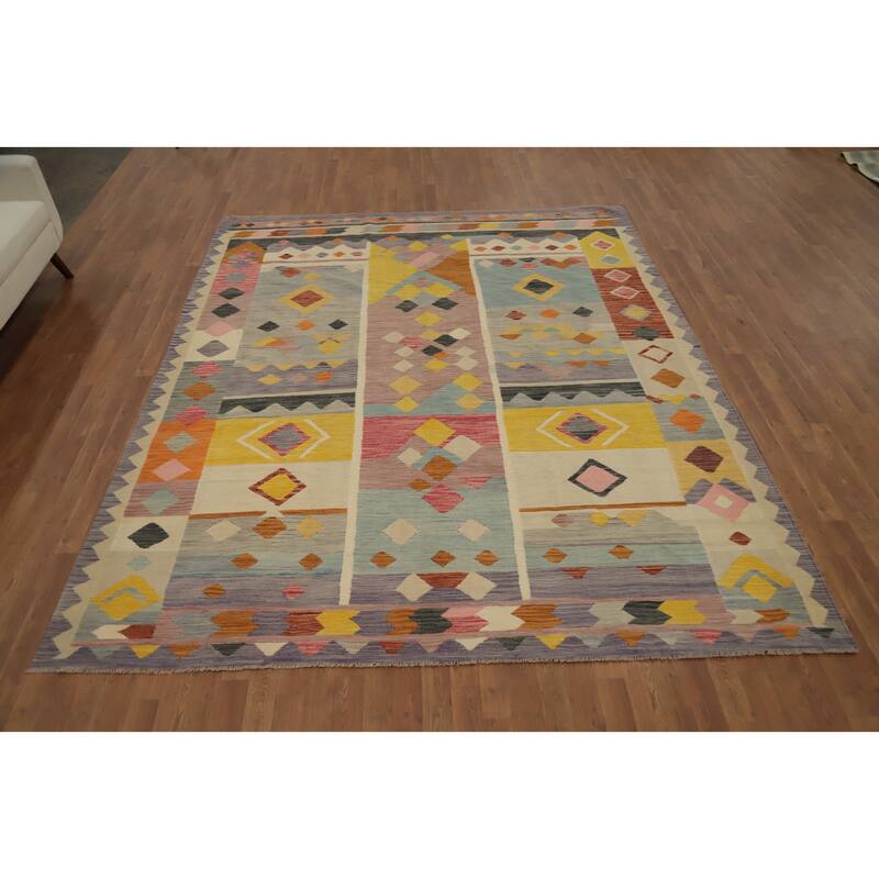 Hand Woven Oriental 100% Wool Carpet Southwestern Tribal Multi-Colored Kilim Area Rug - 9' 11'' X 8' 1''