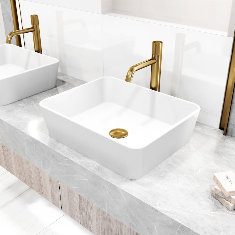 VIGO Marigold 18"L x 14"W MatteStone Vessel Sink and Apollo 12"H Faucet Set - White