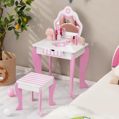 Gymax Kid Vanity Set Wooden Makeup Table Stool w/ Mirror Flower Print