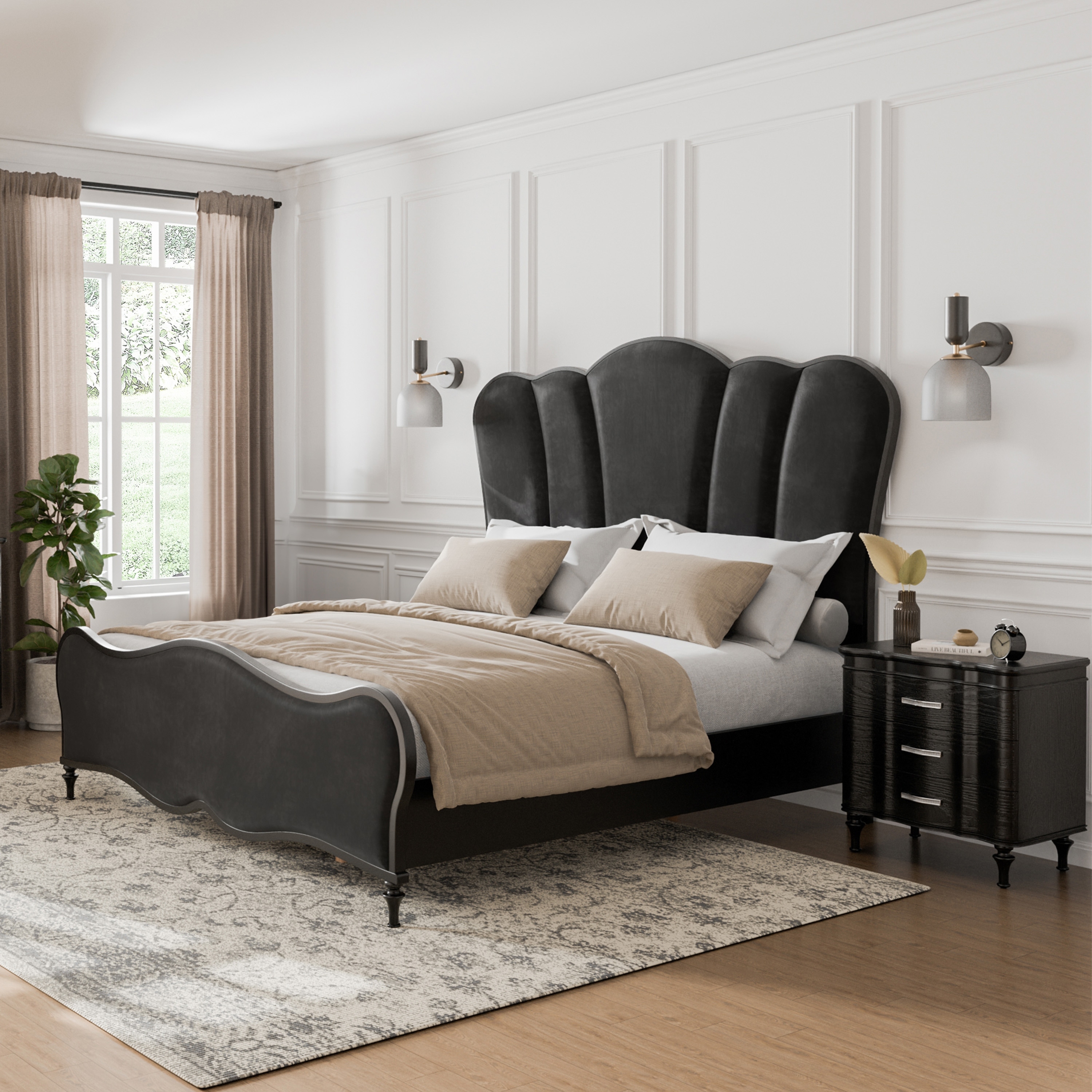 Furniture of America Seabliss Glam 2-Piece Black Solid Wood Panel Bedroom Set