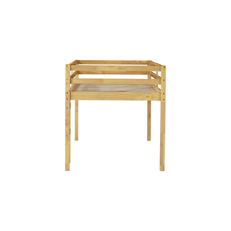Natural Rubber Wood Twin Loft Bed with Ladder and Strengthened Slats, Low Height Design for Safety