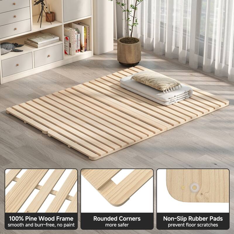 Solid Pine Wood Foldable Slatted Bed, Tatami Mat Floor Sleep Bedding