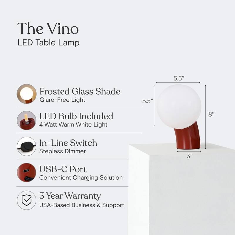 Vino LED 7.95 in Glossy Red Midcentury Round Globe Dimmable Bedside Nightstand Desk Lamp with Fast Charging USB-C Port