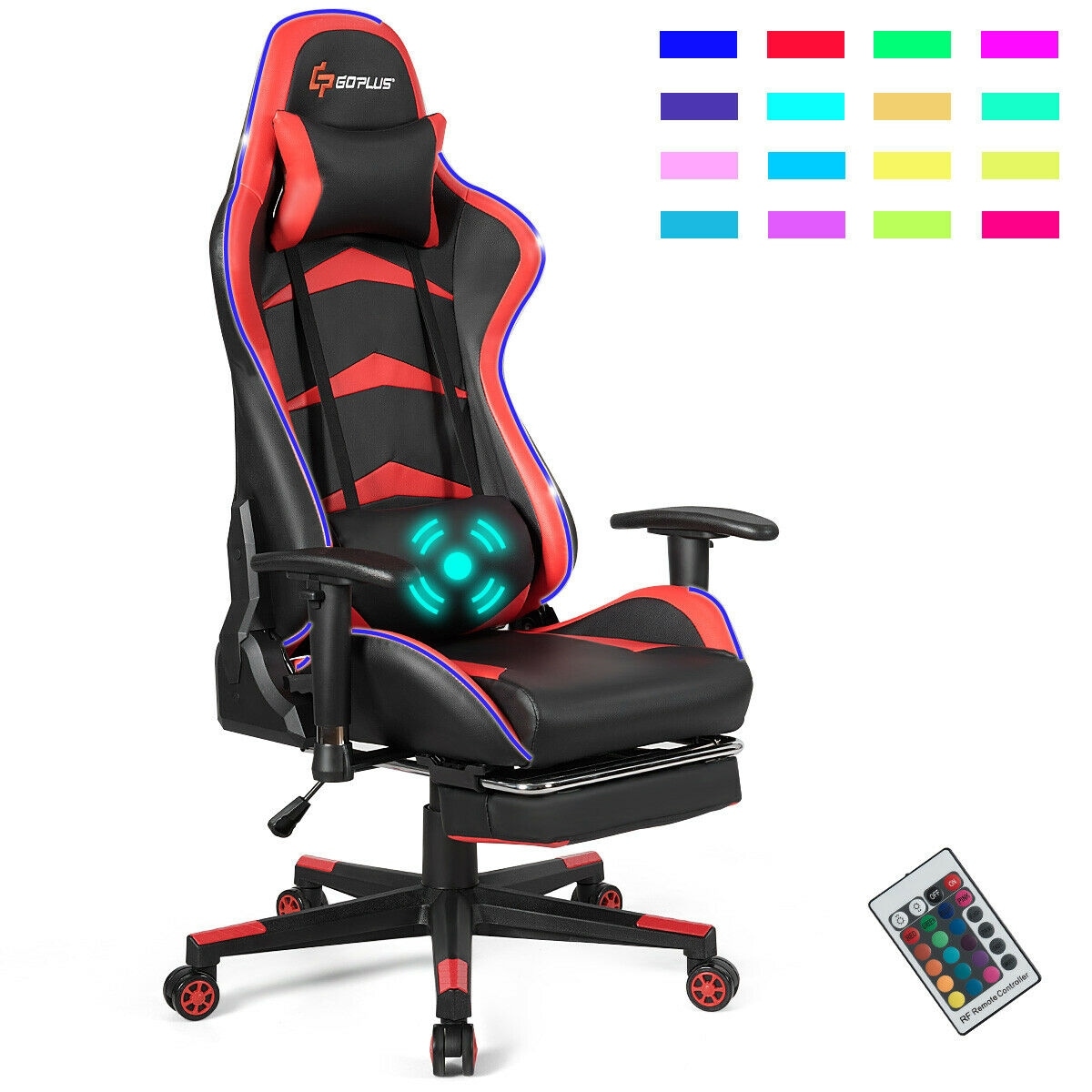 Massage LED Gaming Chair with Lumbar Support Footrest-Red Bed
