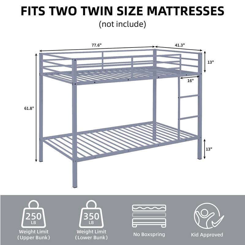 Twin Over Twin Metal Bunk Bed, Low Profile, Ladder, High Guardrail