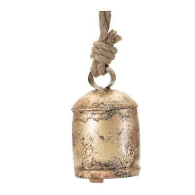 Set of 8 Gold Metal Bell Ornaments with Jute Rope for Rustic Christmas Tree Hanging Decorations - 3.75”L x 3.75”W x 4.5”H