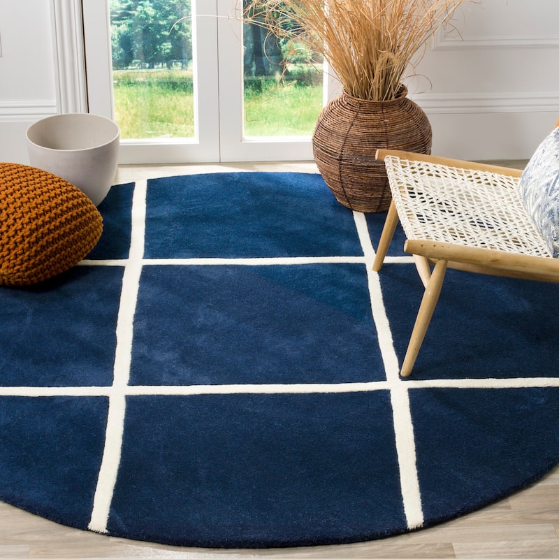 SAFAVIEH, Handmade Chatham Ezzelina Modern Moroccan Wool Rug - 7' Round - Dark Blue/Ivory