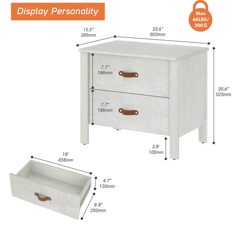 WAMPAT Set of 2 Wood Nightstand for Bedroom, Small Side Table with 2 Drawers，White