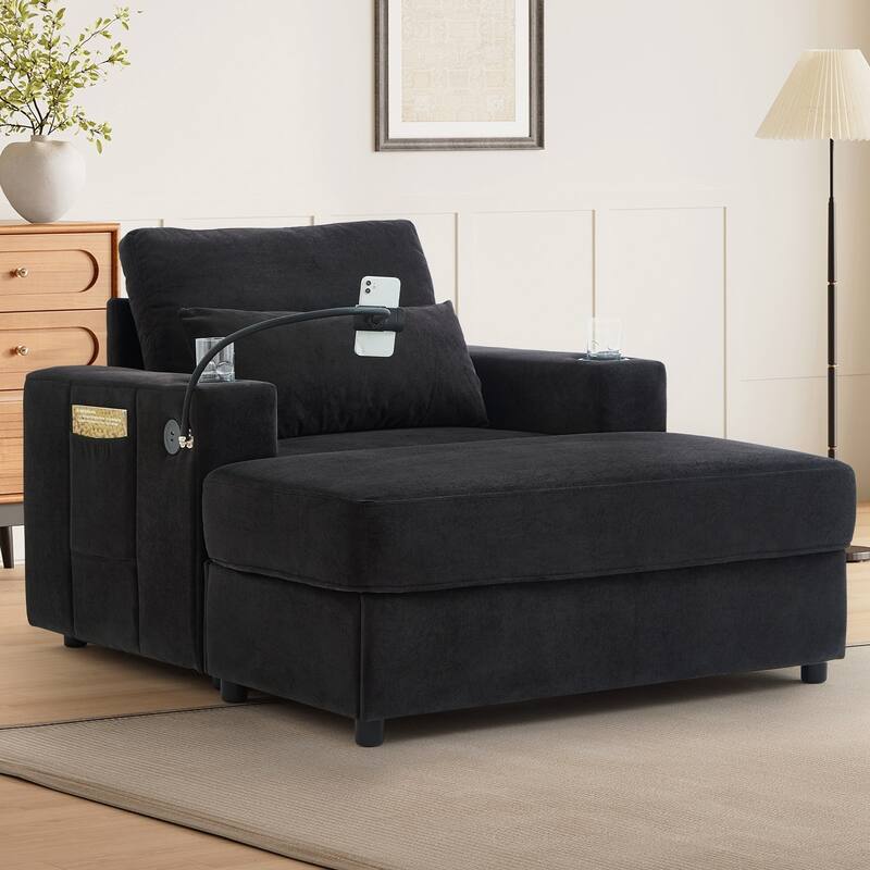 Modern Style Armchair 42.5" Chaise Lounge Sofa Couch with a Movable Storage Ottoman, Two USB Ports, Two Cup Holders