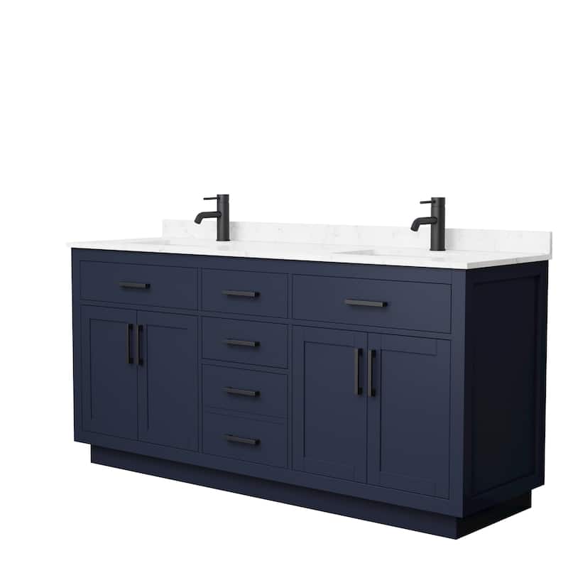 Beckett TK 72-inch Double Vanity, Cultured Marble Top - Dark Blue, Black Trim,Carrara Cultured Marble Top