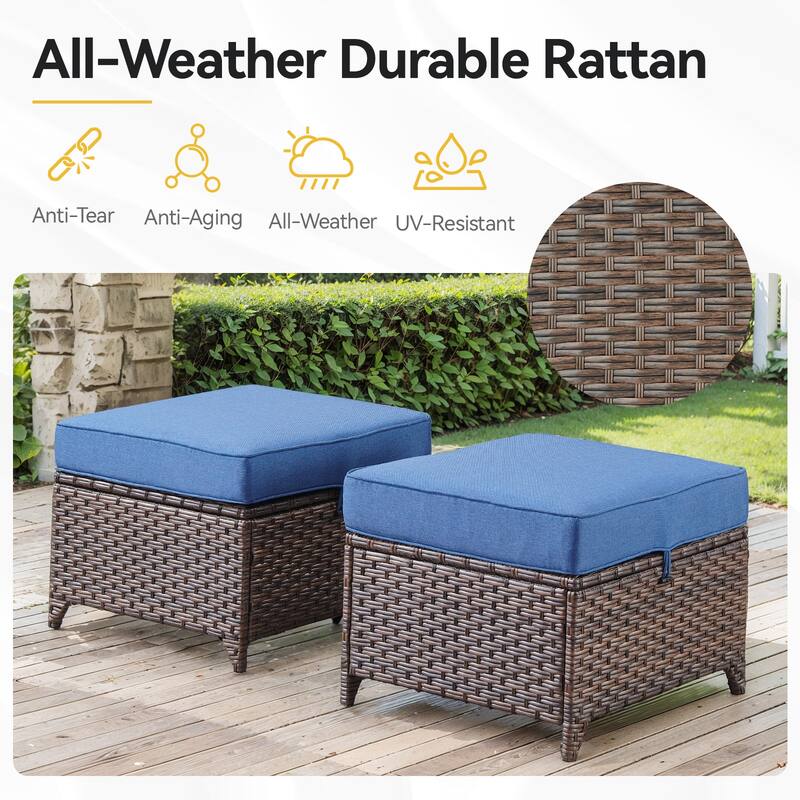 2 Pieces Patio Rattan Ottomans with cushions