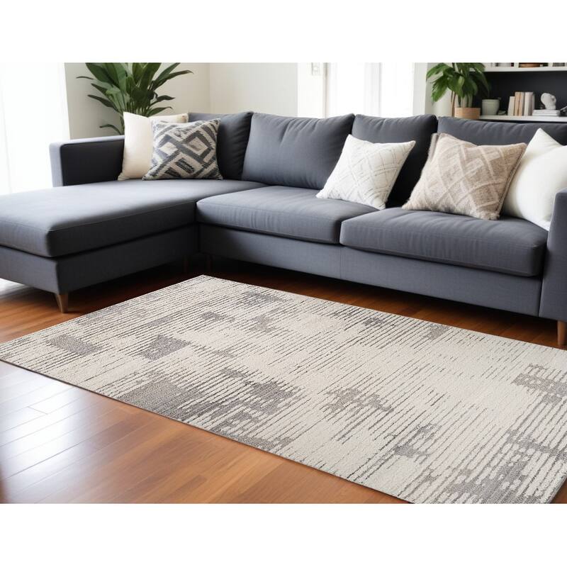 Bibiz Distressed Abstract Stain Resistant Woven Durable Area Rug By HomeRoots - 8' X 11' - Gray and Cream - Rectangle
