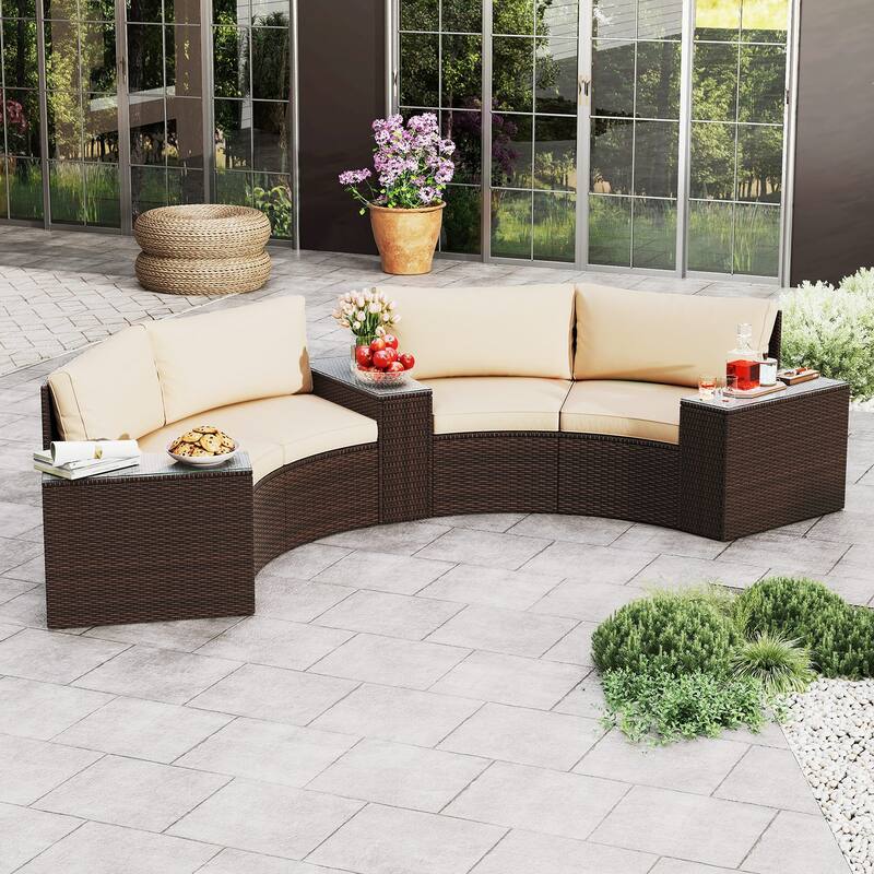 5-Piece Rattan Sectional Half-Moon Outdoor Patio Furniture Set with Beige Cushions and Glass Tables - Multi