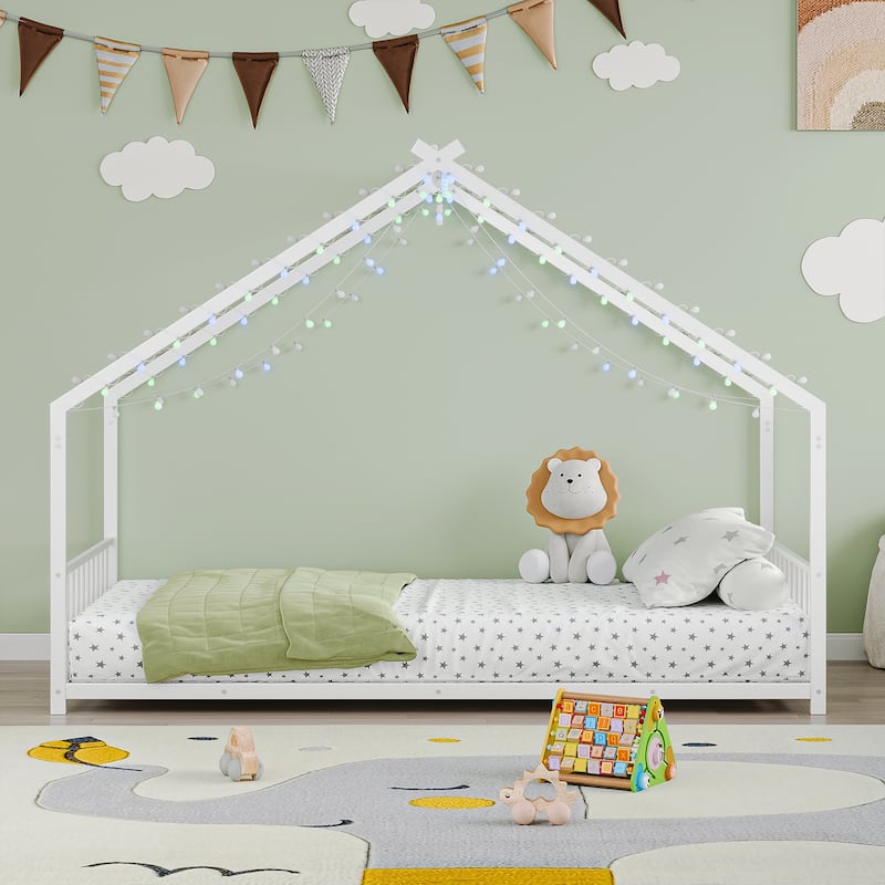 House-shaped Bed Frame, Toddler Kid Iron Floor Bed with House Roof Frame and LED Light Strips, House Daybed - White - Twin