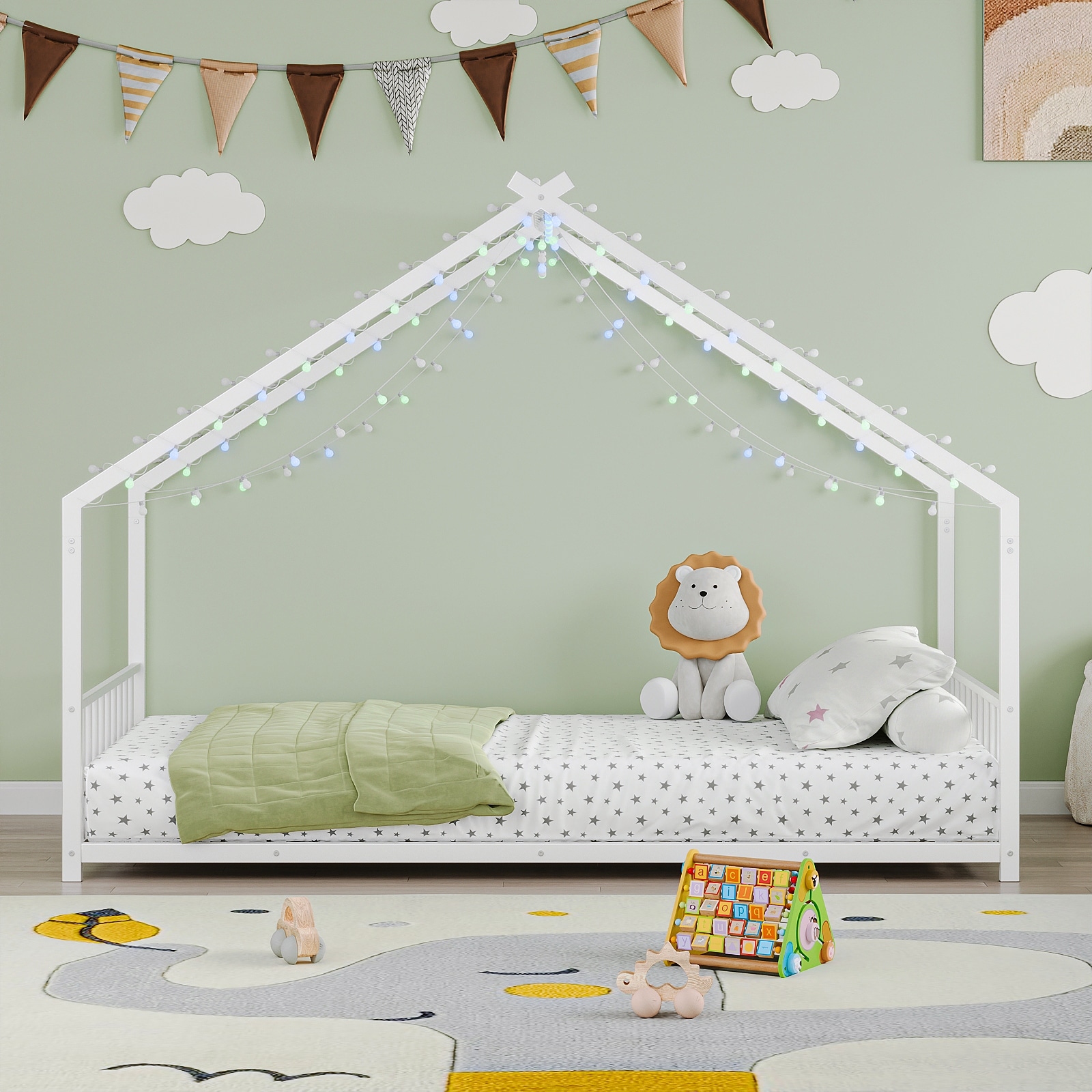Twin Size Childrens Bed Frame With LED Light Strips Roof Shaped Iron Frame Design