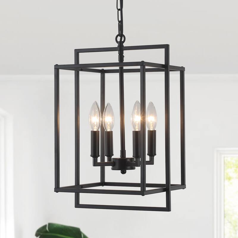 10.82inch Modern Cage 4-light Height Adjustable Metal frame chandelier for multiple spaces - Black