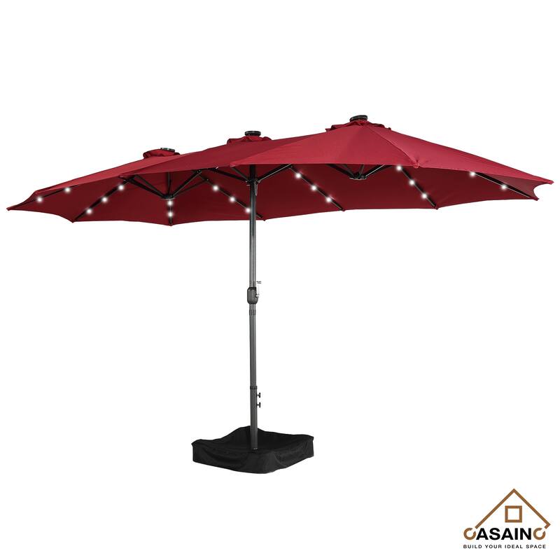 15-ft. Rectangular Crank Double-sided Outdoor Market Umbrella Solar LED Lighted Patio Umbrella with Base Included