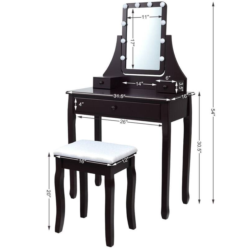 10 LED Lighted Mirror and 3 Drawers Vanity Table Set - 31.5" x 16" x 54" (L x W x H)