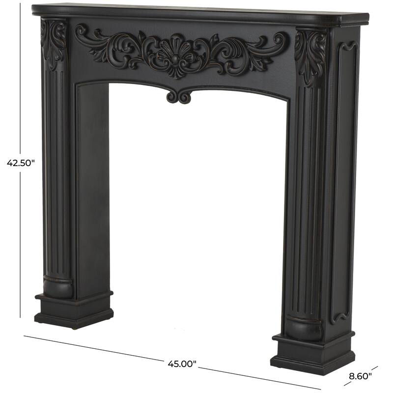 Black Wooden Freestanding Scroll Decorative Fireplace Mantle with Floral Accents - 9"W x 45"L x 43"H