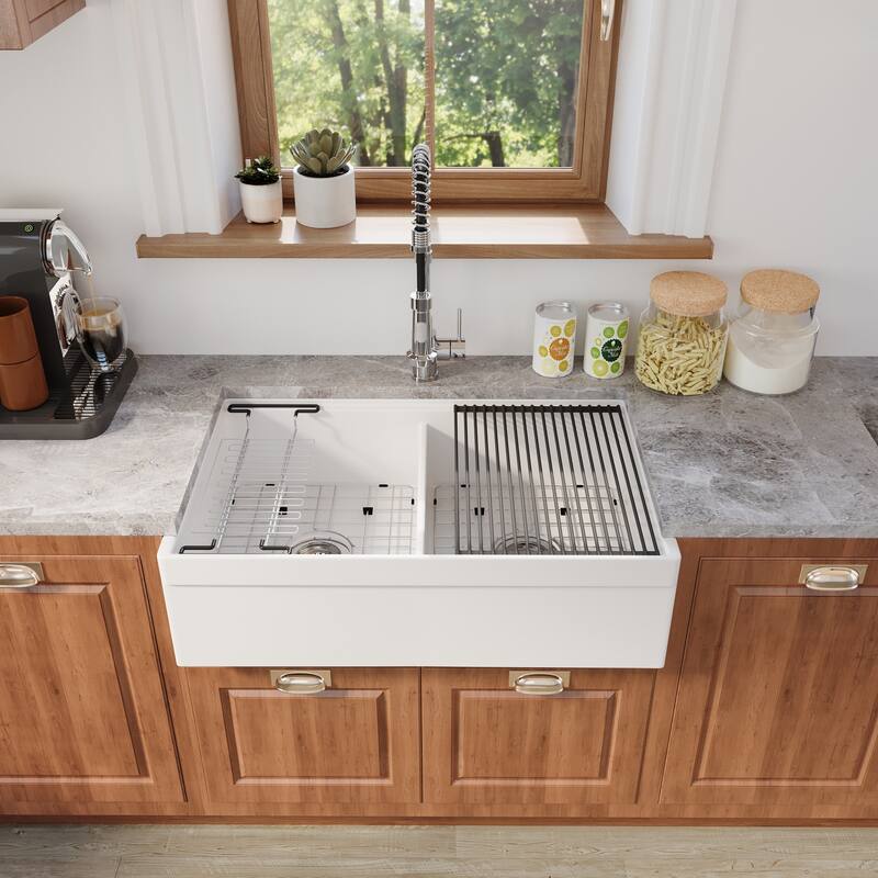 33 in. Farmhouse Double Bowl White Fireclay Workstation Kitchen Sink Complete Set - Drying Rack & Cutting Board Included