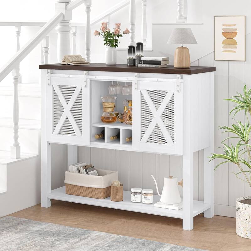 Coffee Bar Cabinet, Table Buffet Storage Cabinet with Wine Glass Rack