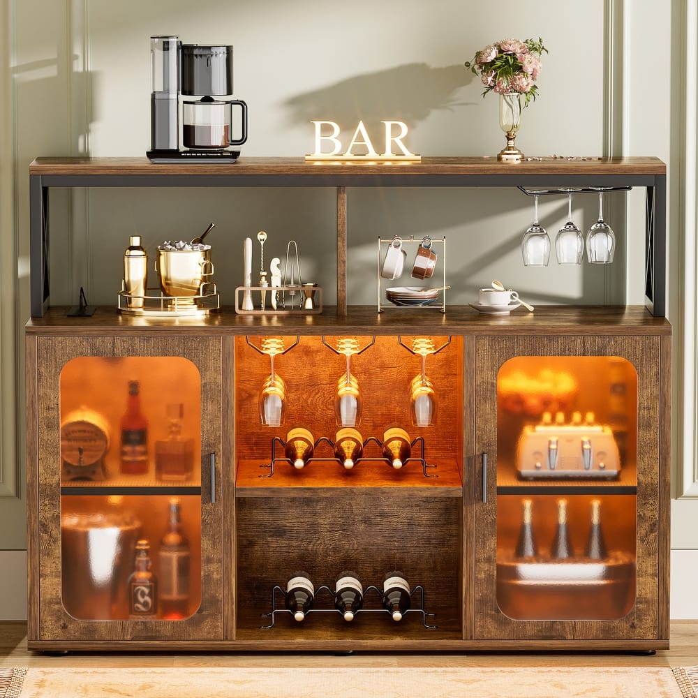 Buffet Sideboard Wood Coffee Bar Cabinet with Charging Station and LED lights