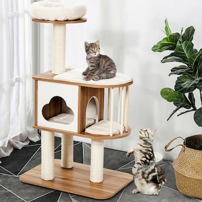 46'' Modern Wooden Cat Tree with Platform & Washable Cushions