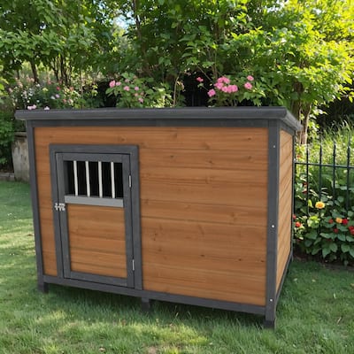 45"Large Solid Wood Dog House, Waterproof PVC Plastic Roof, Breathable Wooden Doors