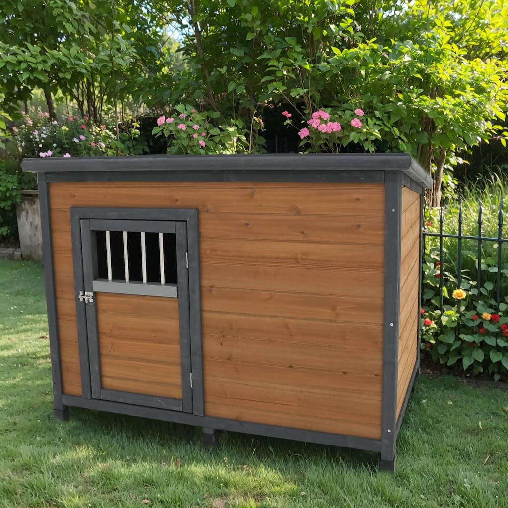 45"Large Solid Wood Dog House, Waterproof PVC Plastic Roof, Breathable Wooden Doors