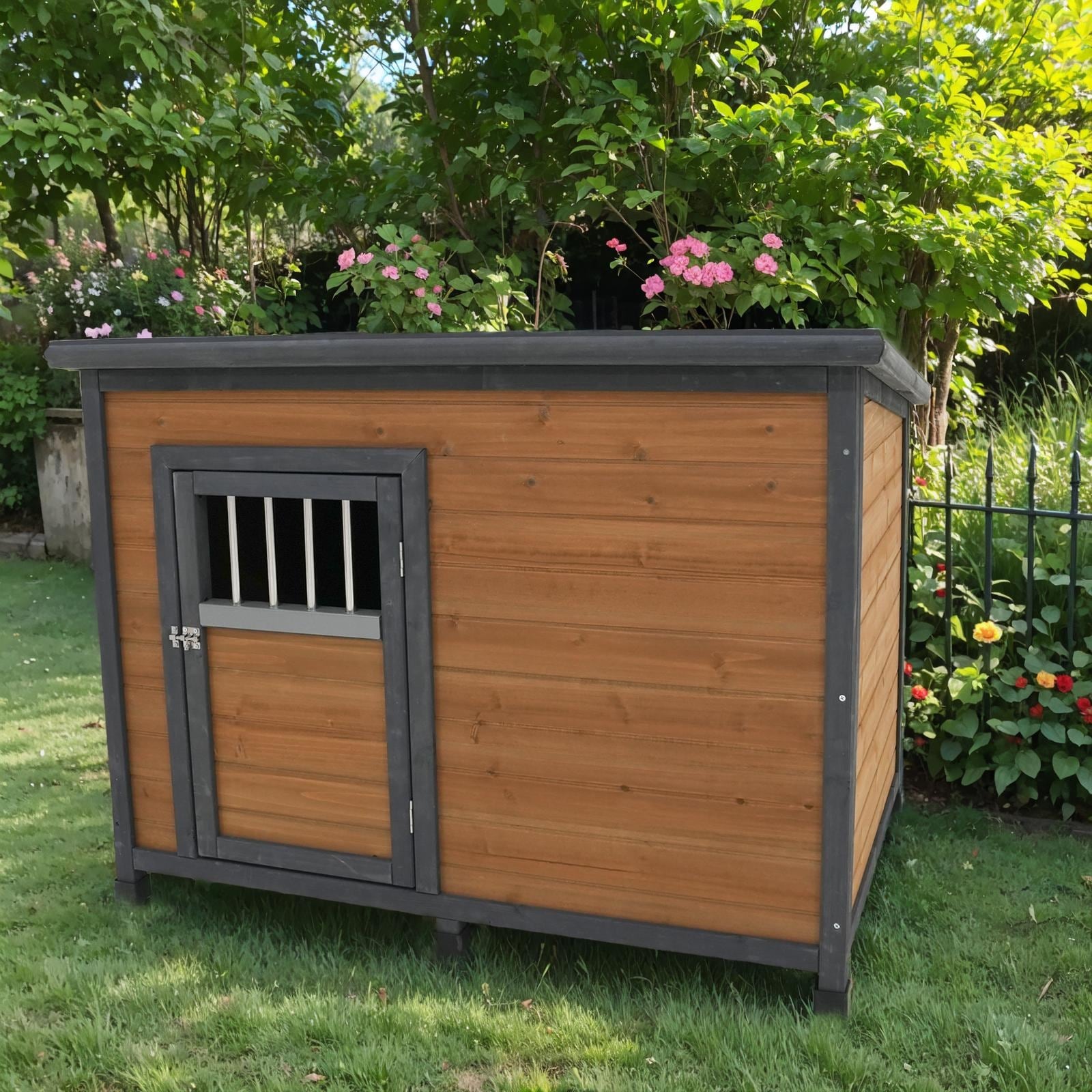 45"Large Solid Wood Dog House, Waterproof PVC Plastic Roof, Breathable Wooden Doors